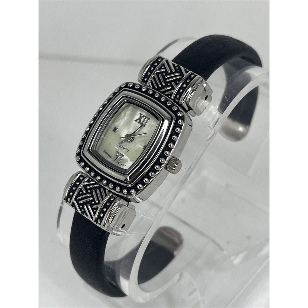 Women's Quartz Watch Silver 22mm‎ Case Black Hinge Band- New Battery - Picture 3 of 7